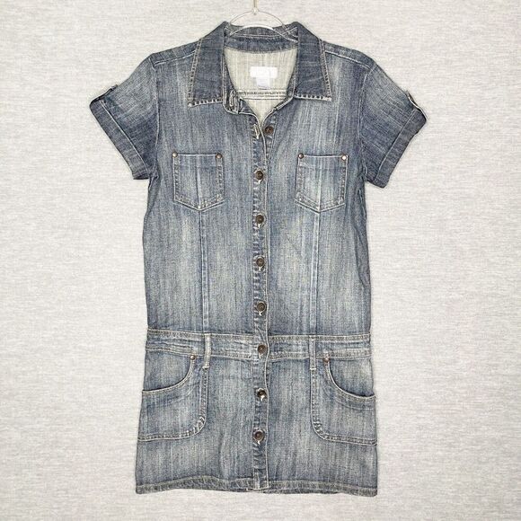 Xhilaration Dresses & Skirts - VTG Womens Micro‎ Mini Denim Jean Button Up Dress Size XS/S Blue Stretch Y2K